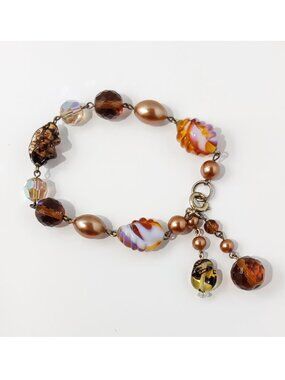 1950s Germany Art Glass Bead Bracelet Tortoise Givre Glass Copper Faux Pearls